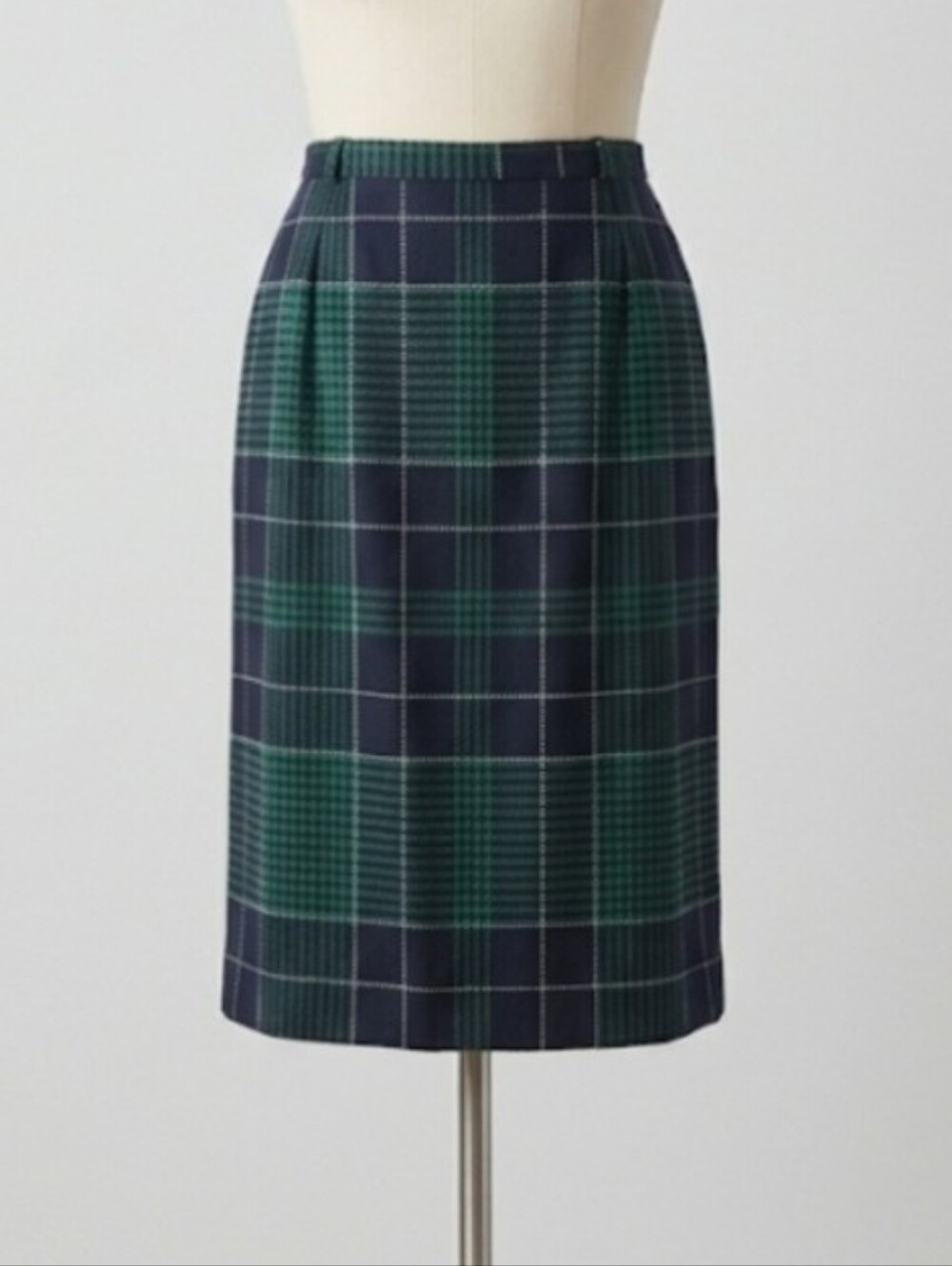 Vintage Plaid A-Line Pencil Skirt Green Navy Tartan Wool Blend Cottagecore